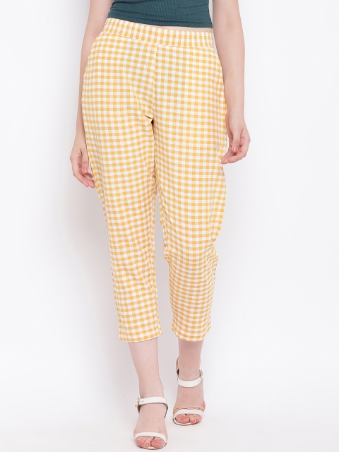 

FABNEST Women Yellow & White Regular Fit Checked Cigarette Trousers