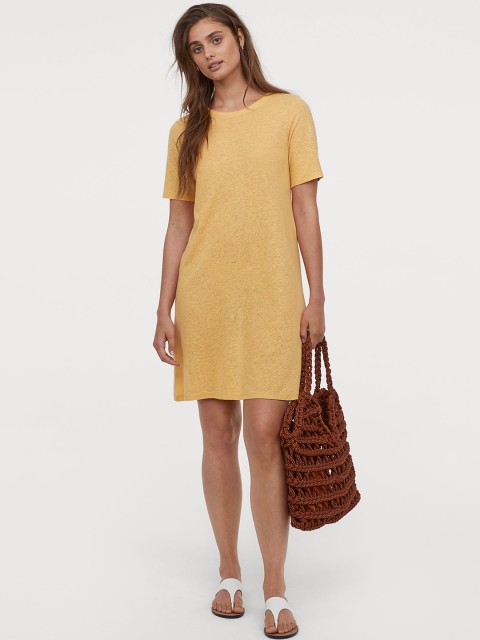 

H&M Women Yellow Linen-Blend T-shirt Dress