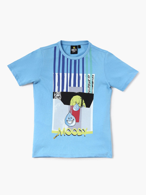 

Smiley World Boys Blue Printed Round Neck T-shirt