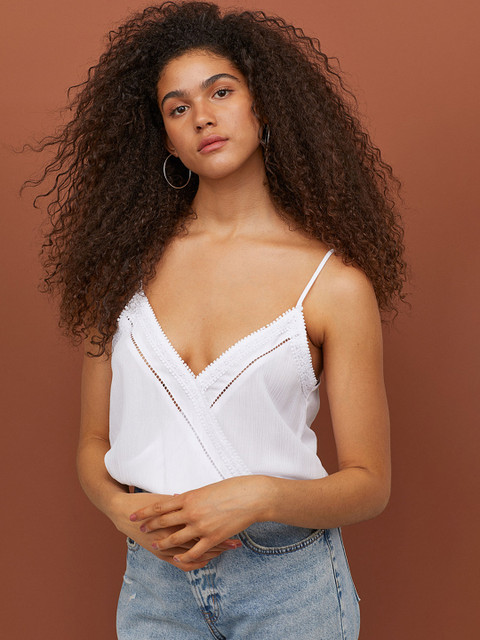 

H&M Women White V-Neck Strappy Top With Lace