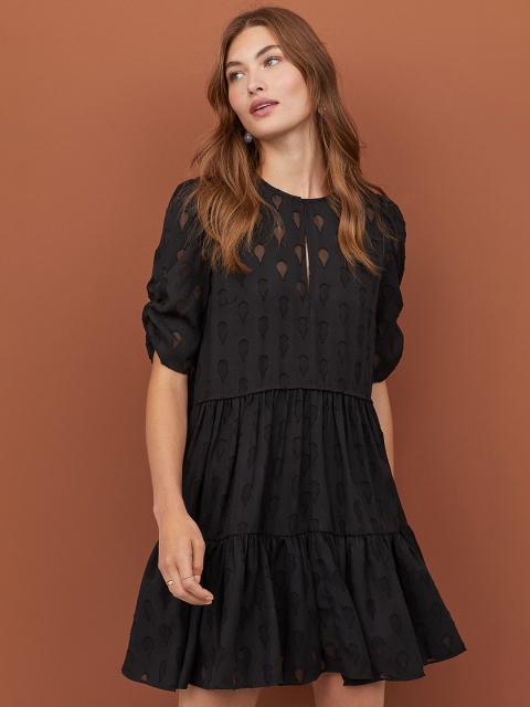 

H&M Women Black Self-Design Puff-Sleeved Dress