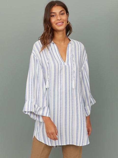 

H&M Women White & Blue Striped V-Neck Tunic