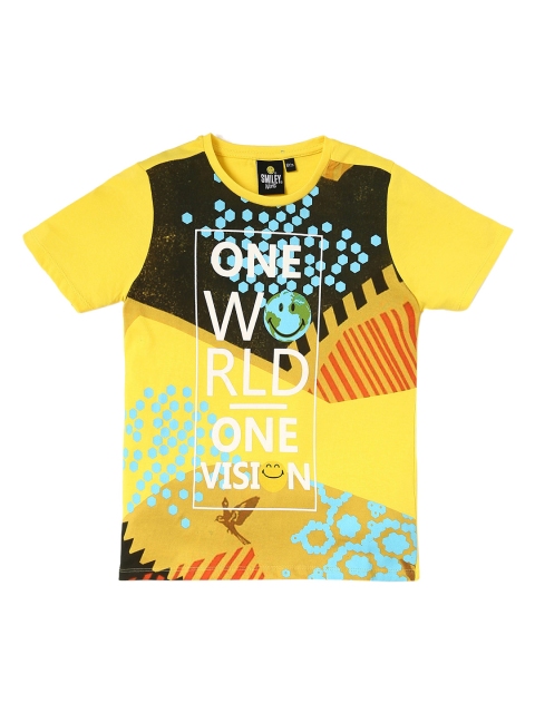 

Smiley World Boys Yellow Printed Round Neck T-shirt