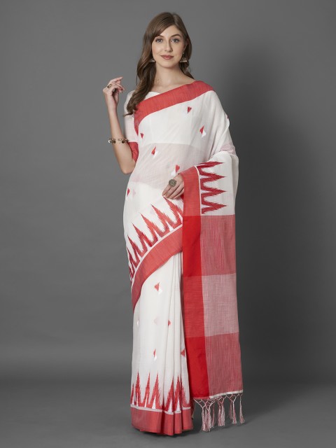 

Mitera White & Red Linen Blend Woven Design Kasavu Saree