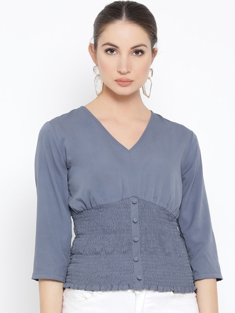 

Meee Women Grey Solid Smocked Cinched Waist Top