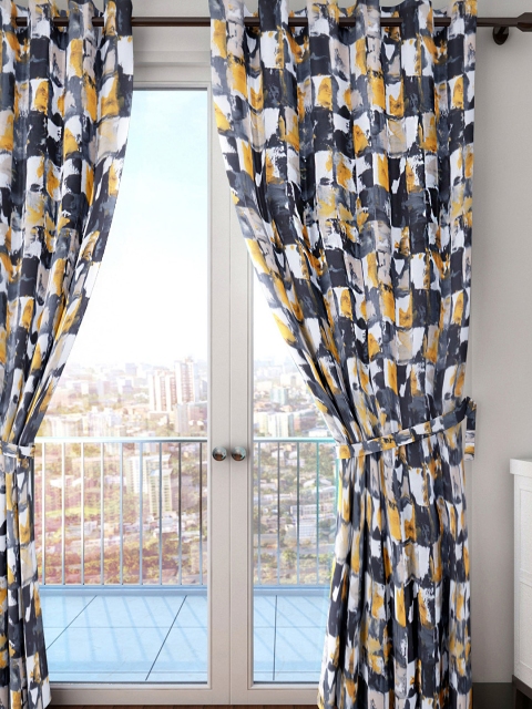 

HOUZZCODE Black & Mustard Yellow Single Abstract Room Darkening Curtain