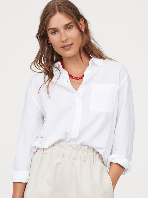 

H&M Women White Solid Cotton Shirt