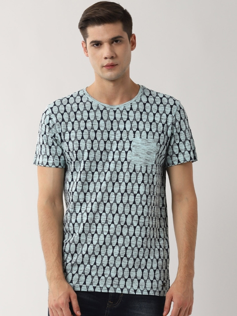 Peter England Casuals Men Grey & Blue Printed Round Neck T-shirt