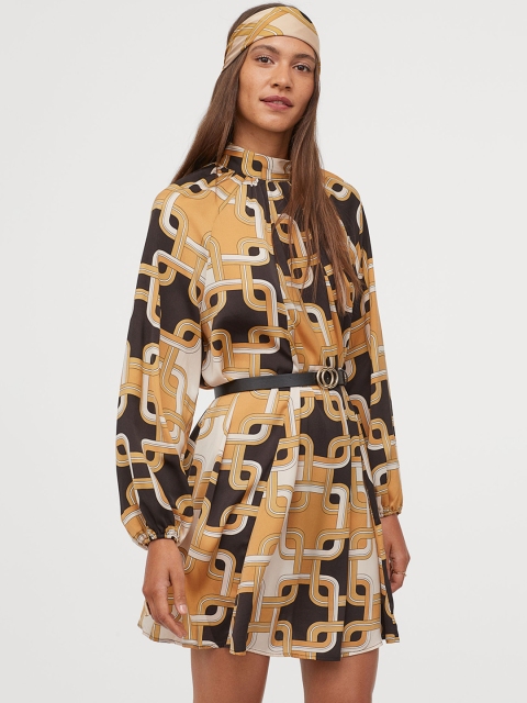 

H&M Women Stand Up Collar Satin Dress, Beige