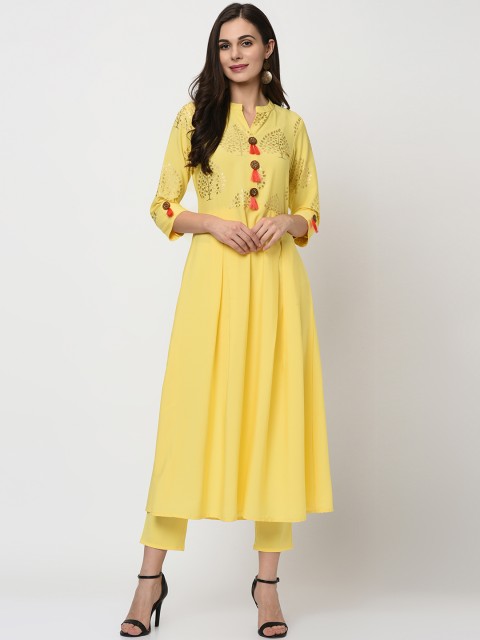 

ZIYAA Women Yellow Foil Printed Kurti with Trousers