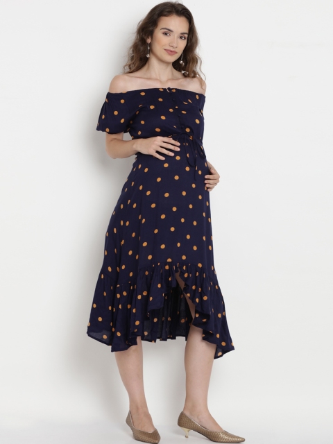 

Mine4Nine Women Navy Blue Polka Dots Print Maternity Empire Dress