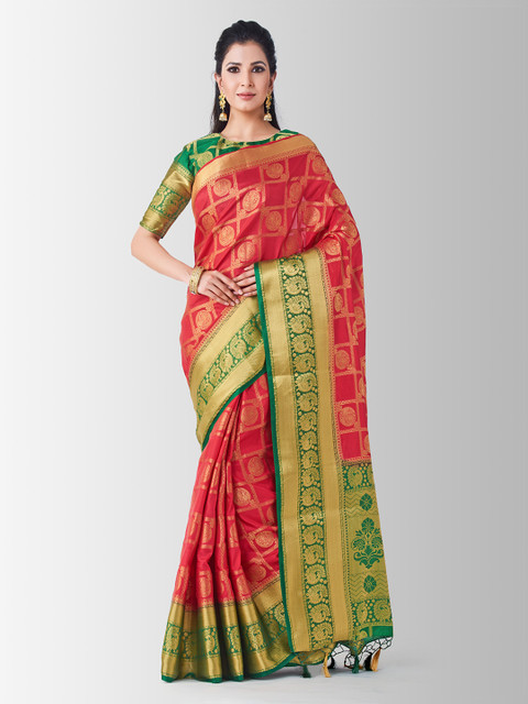 

MIMOSA Coral & Green Art Silk Woven Design Kanjeevaram Saree