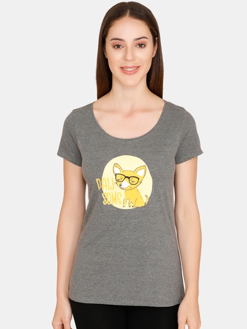 

Zivame Women Grey & Yellow Printed Round Neck Cotton T-shirt