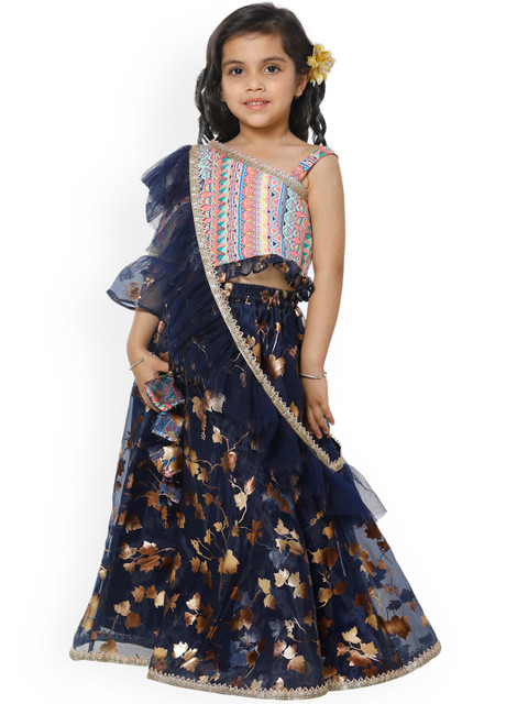 

LilPicks Girls Navy Blue & Pink Printed Ready to Wear Lehenga & Blouse with Dupatta