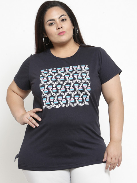 

plusS Women Navy Blue Printed Round Neck T-shirt