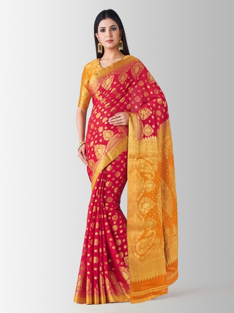 

MIMOSA Coral Red & Mustard Yellow Poly Chiffon Woven Design Kanjeevaram Saree