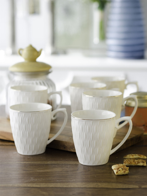

White Gold Set Of 6 White & Golden Textured Tea Cups
