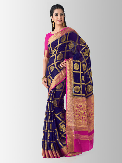 

MIMOSA Navy Blue & Pink Poly Chiffon Woven Design Patola Saree