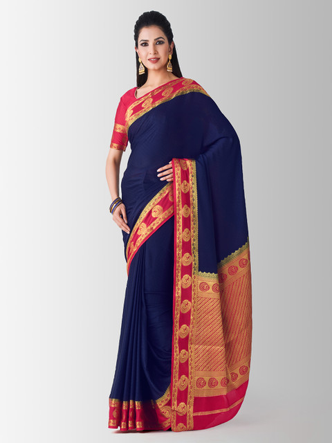 

MIMOSA Navy Blue & Pink Poly Crepe Solid Mysore Silk Saree