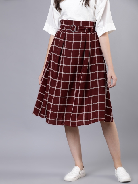 

Tokyo Talkies Women Burgundy & White Checked A-Line Midi Skirt
