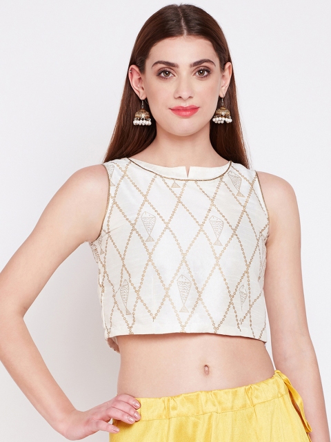 

studio rasa Women Off-White Dupion Hand Block Print Sequinned Crop Top