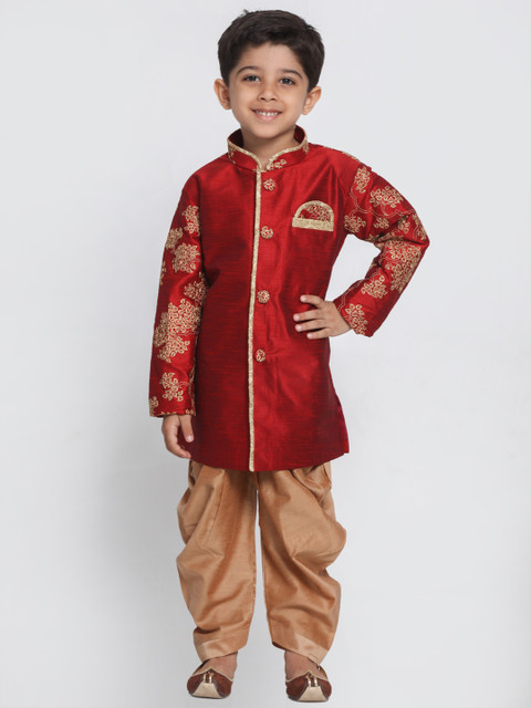 

VASTRAMAY Boys Red & Beige Embroidered Sherwani Set