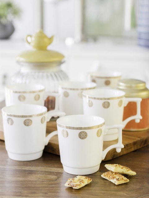 

White Gold Set Of 6 White & Golden Hand Painted Tea Cups