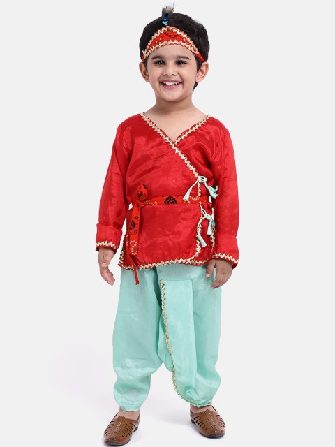 

BownBee Boys Red & Blue Solid Kanhaiya Inspired Angrakha Kurta Set With Mukut & Flute