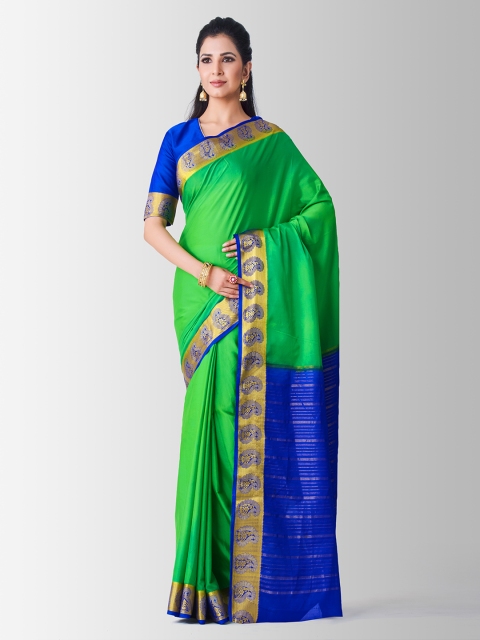 

MIMOSA Green & Blue Poly Crepe Solid Mysore Silk Saree