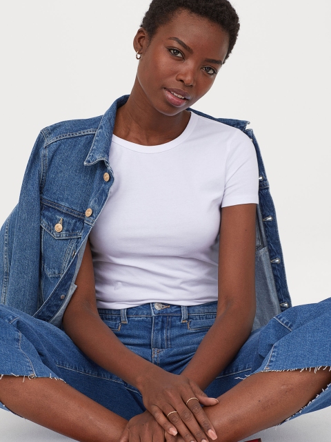 

H&M Women White Solid Jersey Sustainable Top