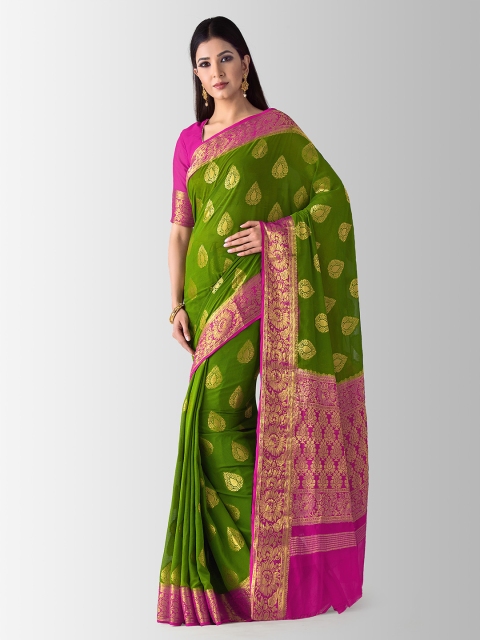 

MIMOSA Olive Green & Pink Poly Chiffon Woven Design Kanjeevaram Saree