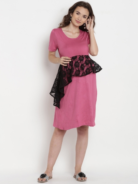 

Mine4Nine Women Pink & Black Floral Lace Detail Maternity Sheath Dress