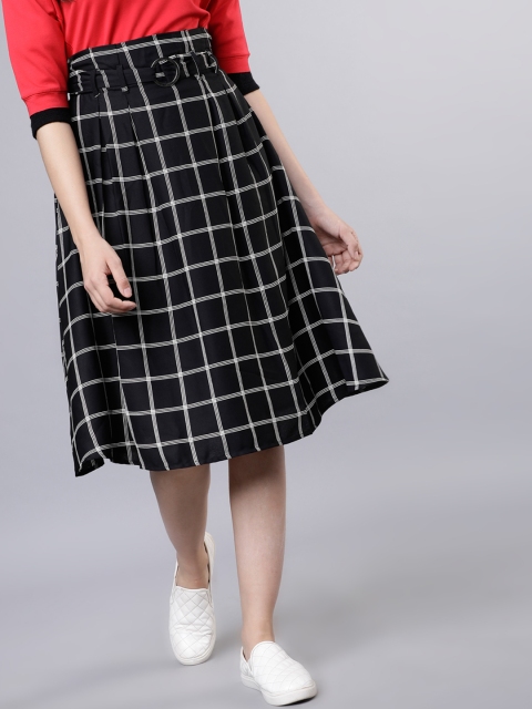 Tokyo Talkies Women Black & White Checked A-Line Midi Skirt