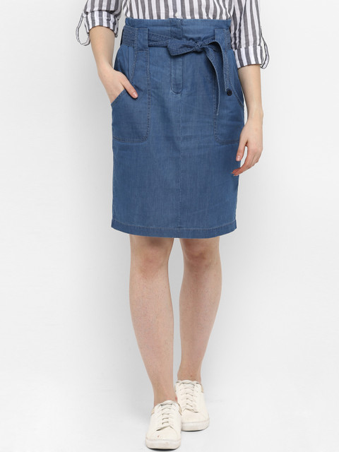 

FOSH Women Blue Solid Pure Cotton Straight Straight Denim Skirt