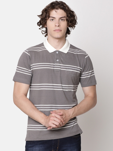 

IMYOUNG Men Grey & Off-White Striped Polo Collar T-shirt