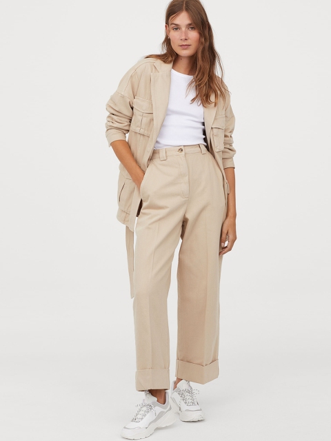 

H&M Women Beige Solid Wide Twill Trousers