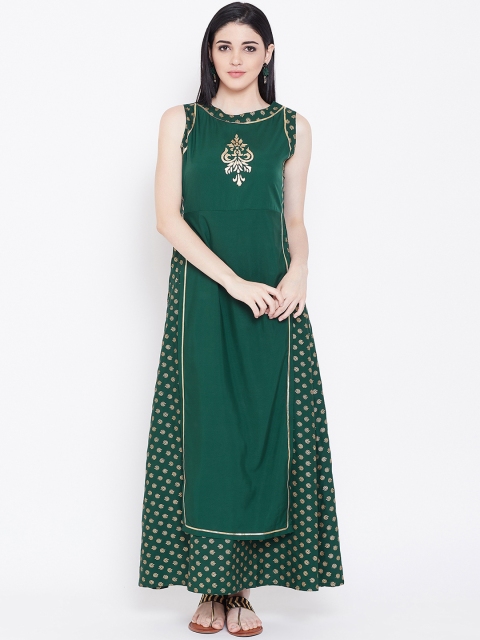 

studio rasa Women Green & Gold-Toned Block Printed Straight Kurta