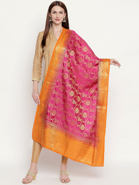 

Dupatta Bazaar Fuchsia Pink & Orange Banarasi Woven Design Dupatta
