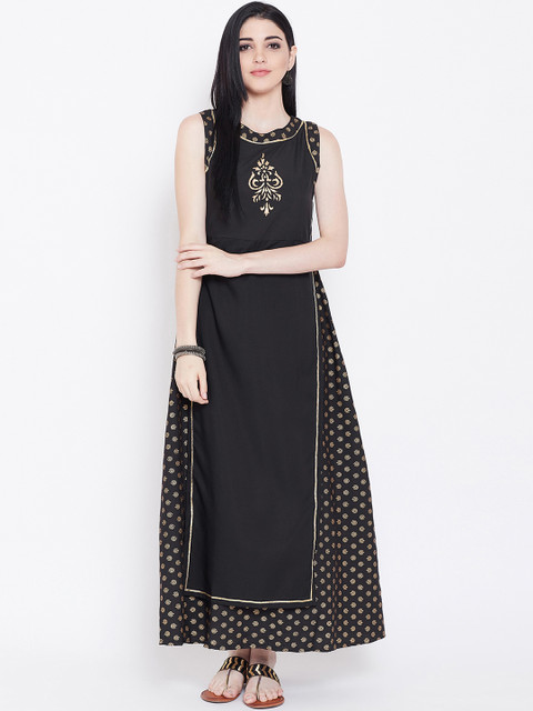 

studio rasa Women Black & Gold-Toned Block Printed Straight Kurta