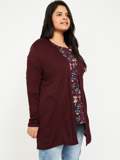 

nexus Plus Size Women Burgundy Solid Open Front Shrug