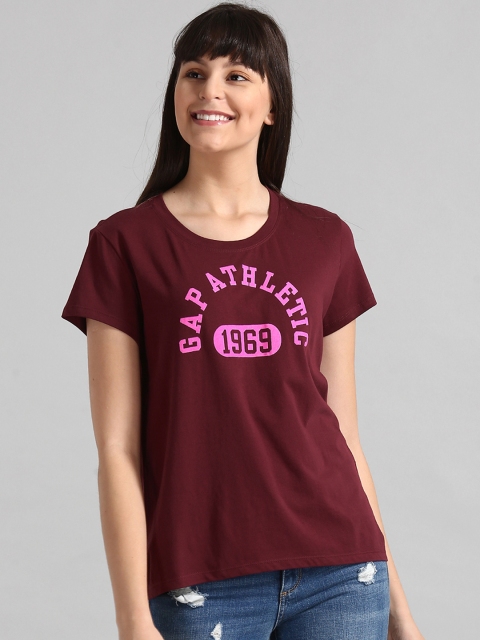 

GAP Women Maroon Crewneck Flock T-Shirt