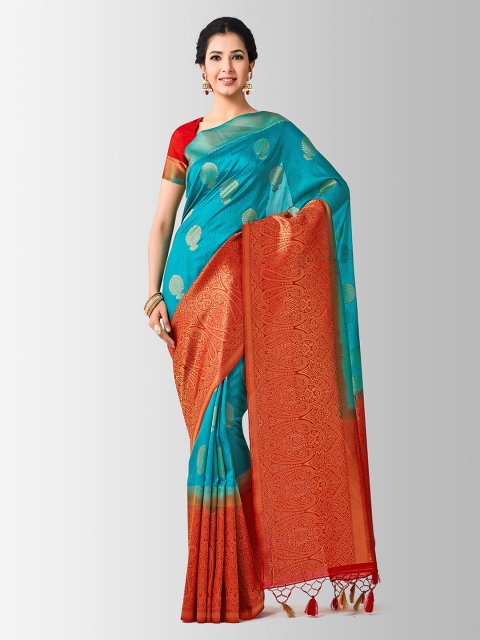 

MIMOSA Turquoise Blue & Rust Art Silk Woven Design Kanjeevaram Saree