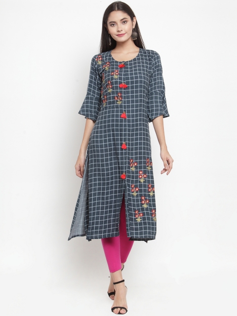 

Aujjessa Women Grey Melange Checked Straight Kurta