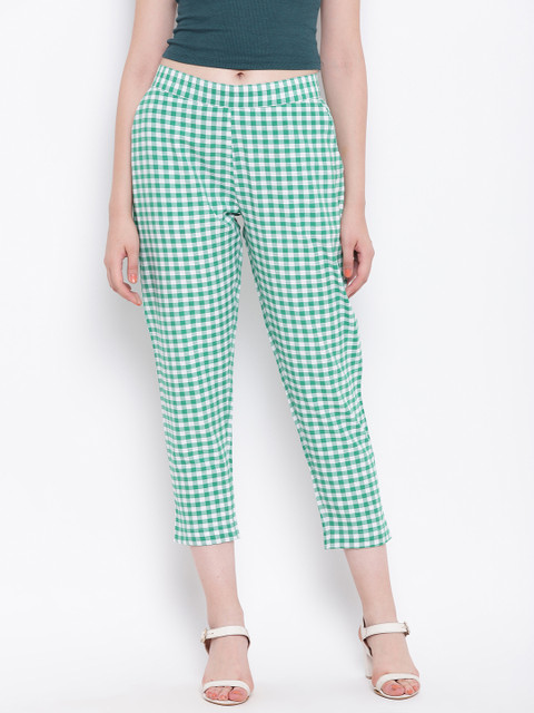 

FABNEST Women Green & White Regular Fit Checked Cigarette Trousers