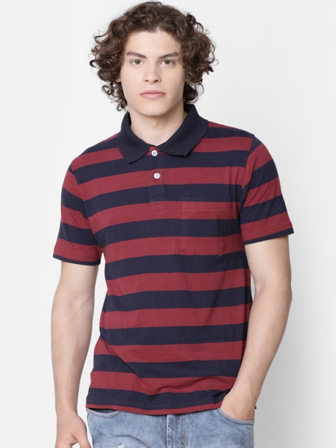 

IMYOUNG Men Navy Blue & Maroon Striped Polo Collar T-shirt