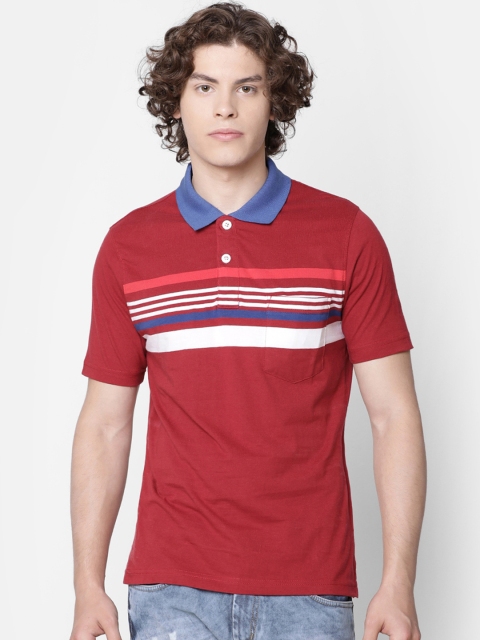 

IMYOUNG Men Red Striped Polo Collar T-shirt