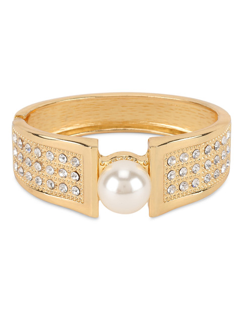 

ANIKAS CREATION Gold-Plated & White Stone and Pearl Diamond Cuff Bracelet
