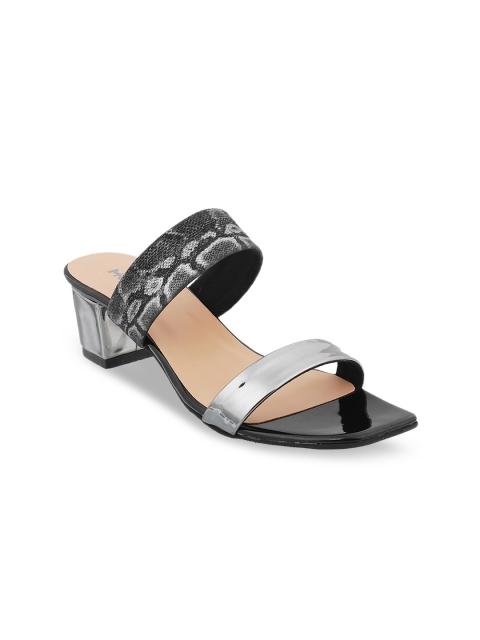 Mochi Women Black & Silver-Toned Printed Heels
