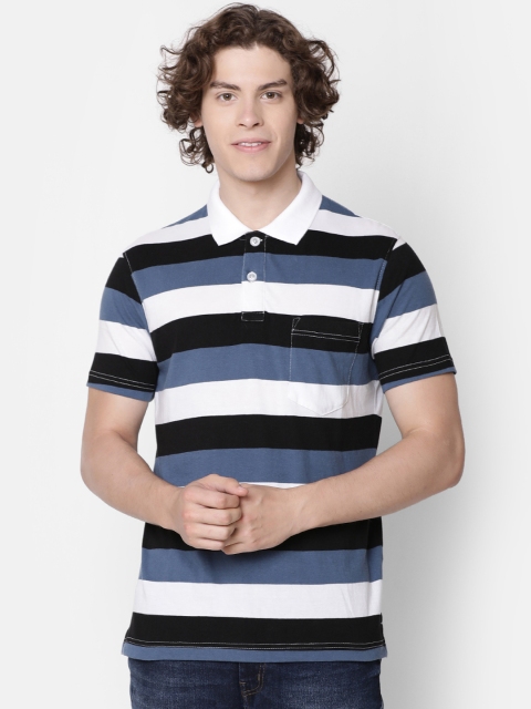 

IMYOUNG Men Navy Blue & Black Striped Polo Collar T-shirt