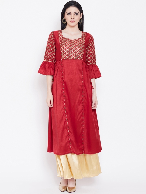 

studio rasa Women Maroon Woven Block Printed A-Line Kurta